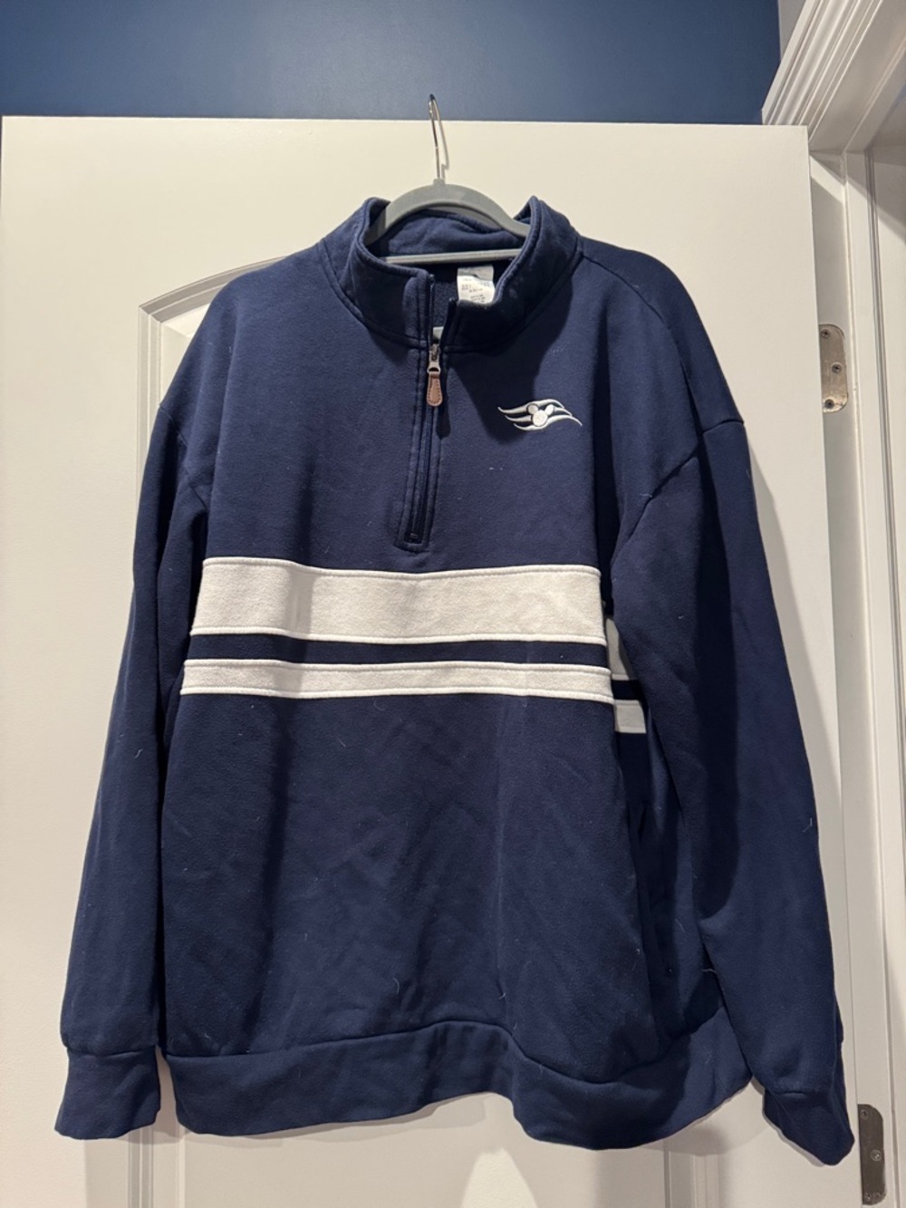 Disney Cruise Line Navy Half-Zip Sweater with White Stripes and logo with pocket